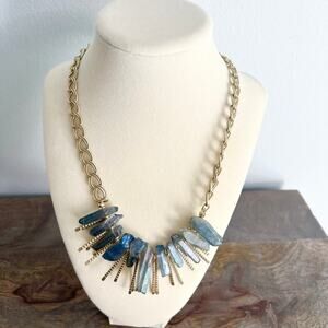 Gorgeous gold tone blue natural stone (quartz?) or glass statement bib necklace